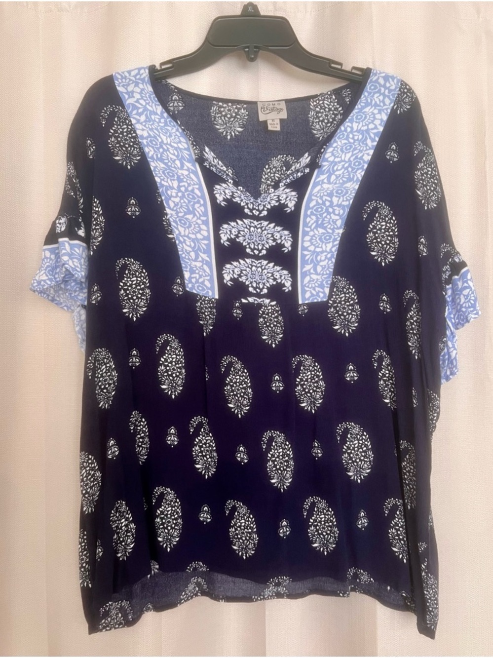 Como Vintage Navy Blue Boho Print Blouse XL Flowy Top